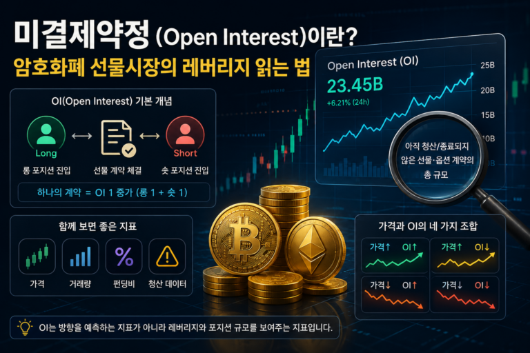 미결제약정(Open Interest)이란? 암호화폐 선물시장의 레버리지 읽는 법 6 미결제약정 OI와 롱·숏 포지션, 거래량·펀딩비·청산 데이터를 함께 보여주는 암호화폐 선물시장 이미지