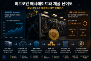비트코인 해시레이트와 채굴 난이도란? 채굴 수익성과 네트워크 보안 이해하기 3 비트코인 ASIC 채굴기와 해시레이트·채굴 난이도·Hashprice·전력비·네트워크 보안의 관계를 설명한 이미지