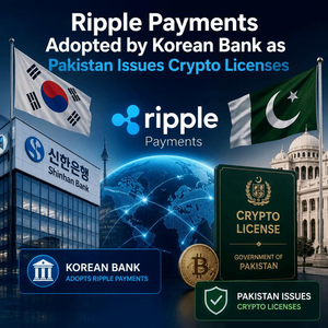 한국과 파키스탄 국기, Ripple Payments 로고, 은행 건물과 암호화폐 라이선스 문서를 함께 표현한 이미지