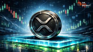 상승과 하락 캔들 차트를 배경으로 중앙에 XRP 로고 코인이 배치된 이미지