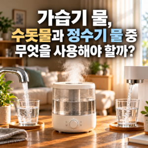 가습기 물, 수돗물과 정수기 물 중 무엇을 사용해야 할까? 2 가습기 물 수돗물과 정수기 물 비교, 중앙의 가습기와 양쪽에 배치된 수돗물 및 정수기 물 이미지