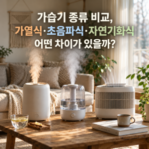 가습기 종류 비교, 가열식·초음파식·자연기화식 어떤 차이가 있을까? 5 가습기 종류 비교, 가열식·초음파식·자연기화식 가습기 3대를 나란히 배치한 실사형 비교 이미지