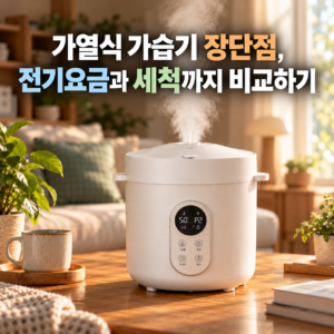 가열식 가습기 장단점, 전기요금과 세척까지 비교하기 1 가열식 가습기 장단점과 전기요금, 세척 방법을 비교하는 대표 이미지로, 따뜻한 거실에 흰색 원통형 가열식 가습기가 놓여 있고 수증기가 올라오는 모습
